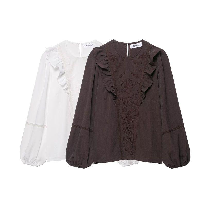 Za Autumn New Women Clothes 2025 Western Style Round Neck Flower Embroidery Laminated Decoration Shirts 7200226