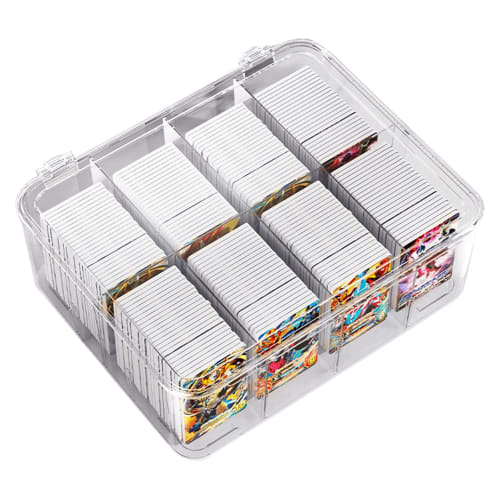 Trading Card Storage Box with Lid, 8 Pockets, Large Capacity Design, Fully Clear, Scratch & Stain Resistant