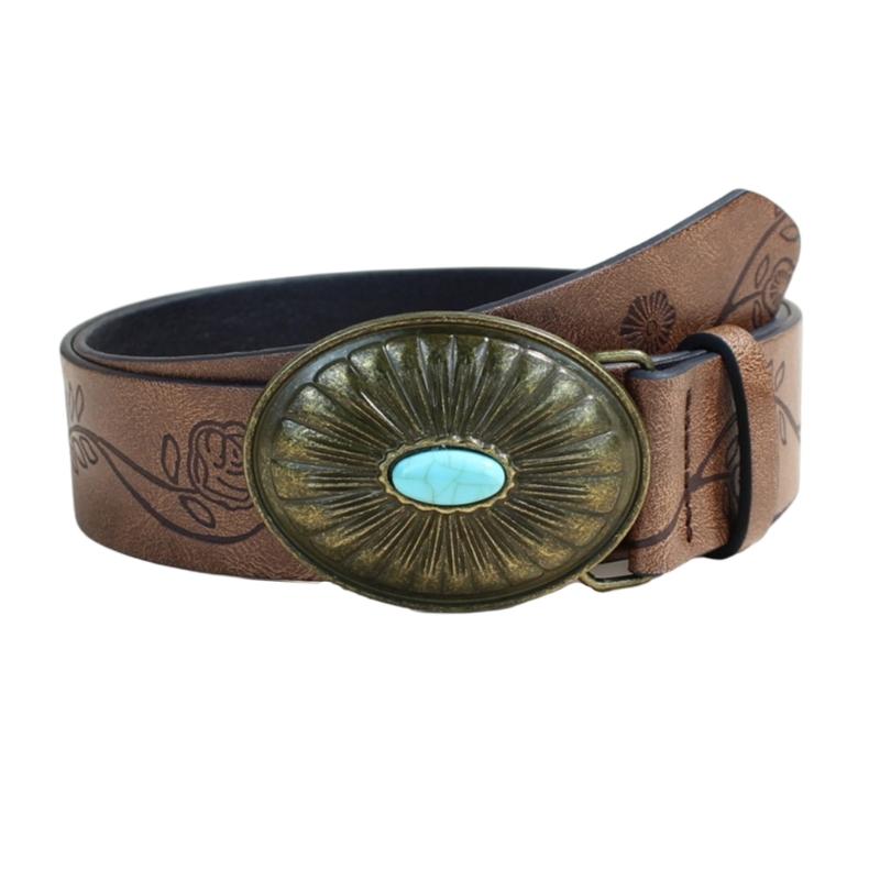 Bohemian Women Waist Belt with Embossed Pattern Adjustable PU Leather Oval Buckles Waistband For Casual Outfit And Travel