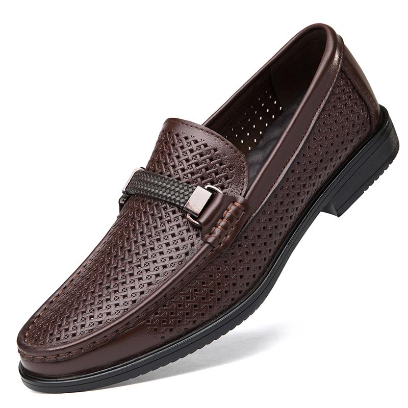 Fashion Luxury Brand Mens Summer Cowhide Breathable Casual Leather Shoes Fashion New Men Comfortable Hollow Out Business Leisure Loafers