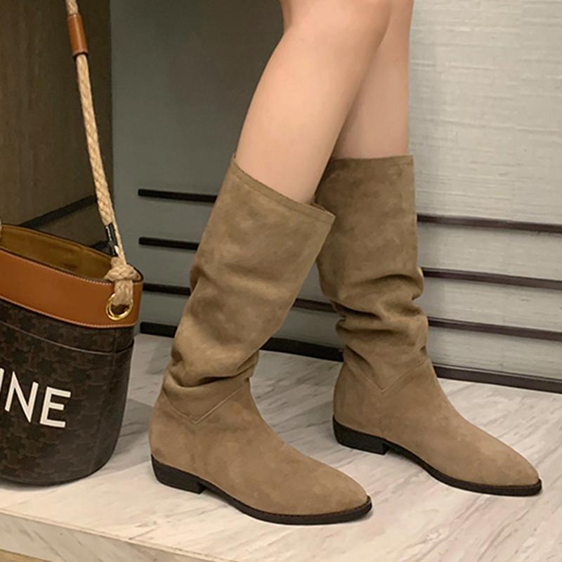 Fashion 2025 Luxury Genuine Leather Boots Women Suede Nubuck Cowboy Botas Femmes Mid-Calf Pleated Chunky Botines Fur Winter Snow Shoes