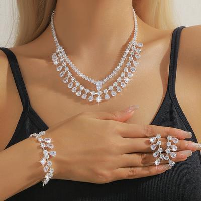 Light Luxury Fashion Generous Bridal Wedding Dress Accessories Zircon Necklace Earrings Bracelet Three-Piece Jewelry Women