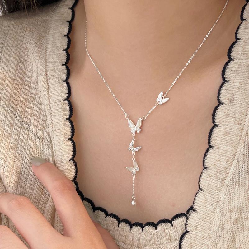 925 Sterling Silver Small Shell CZ Zircon Butterfly Choker Necklace for Women