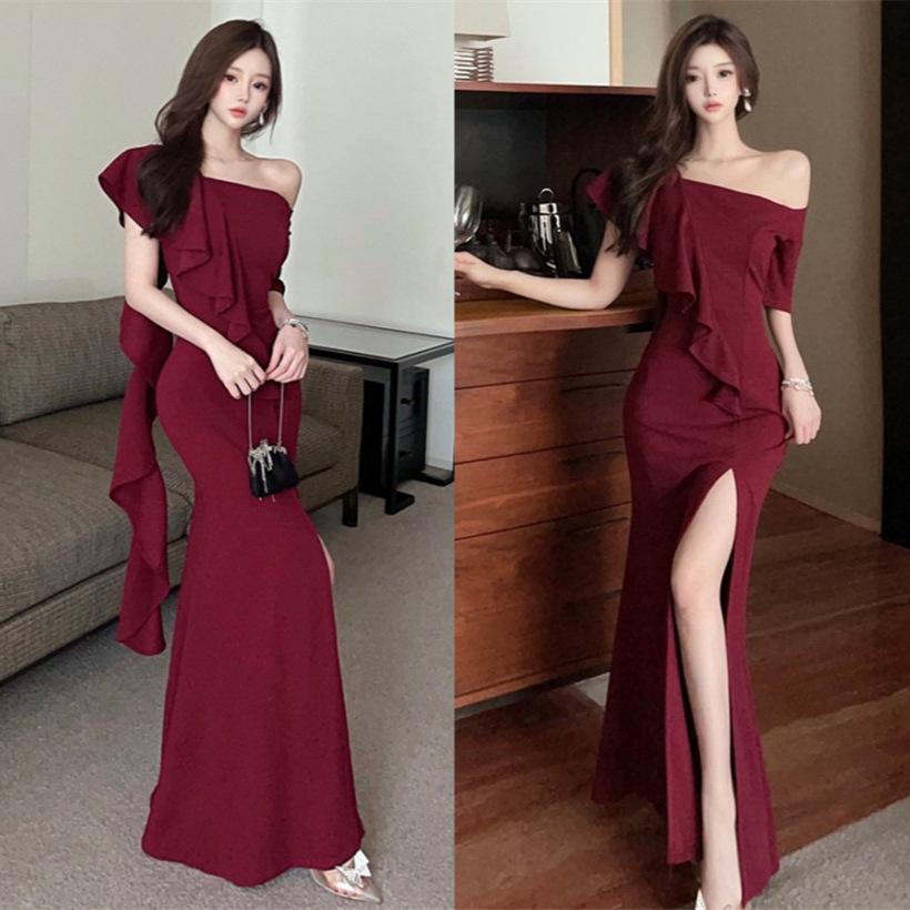 Premium evening dress sexy one-word shoulder cover belly thin dress temperament niche banquet long skirt