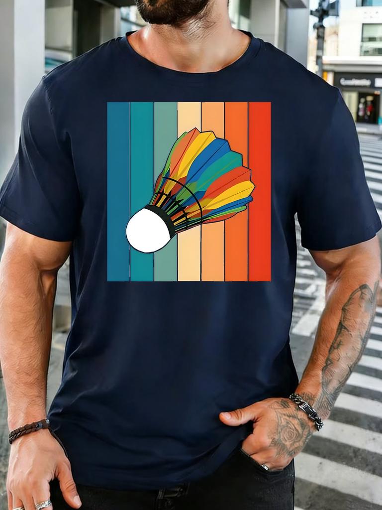 Vintage Rainbow Strip Color Badminton Shuttlecock Graphic Unisexs Cotton Crew Neck Tee Short Sleeve Loose Sports Casual Daily Top