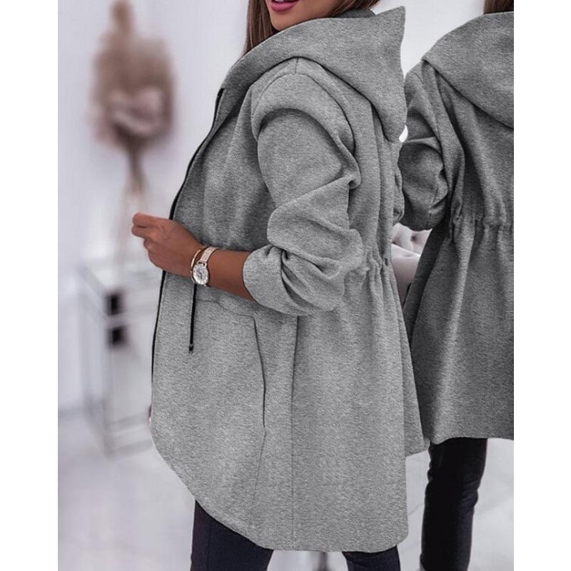 Dames S Capuchon Lange Mouw Tailleband Rits Effen Middellang Casual Jas