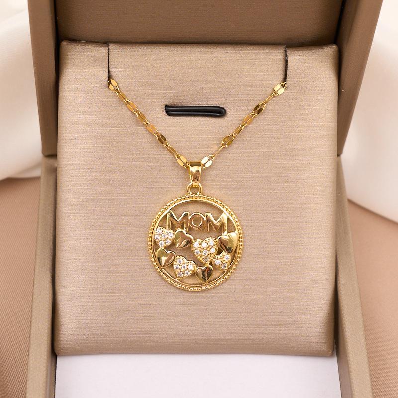 Micro Paved Zircon Heart MOM Letter Pendant Necklace For Women Mom Choker Stainless Steel Chain Jewelry Mini Mother's Day Gift