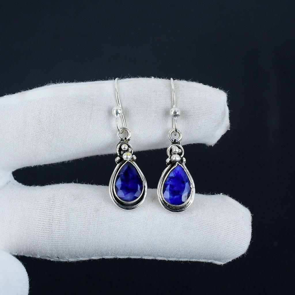 Wunderschöne Blaue Saphir Edelstein Ohrringe, 925 Sterling Silber Ohrringe, Handgemachte Boho Silber Schmuck Ohrhänger, Geburtstagsgeschenk