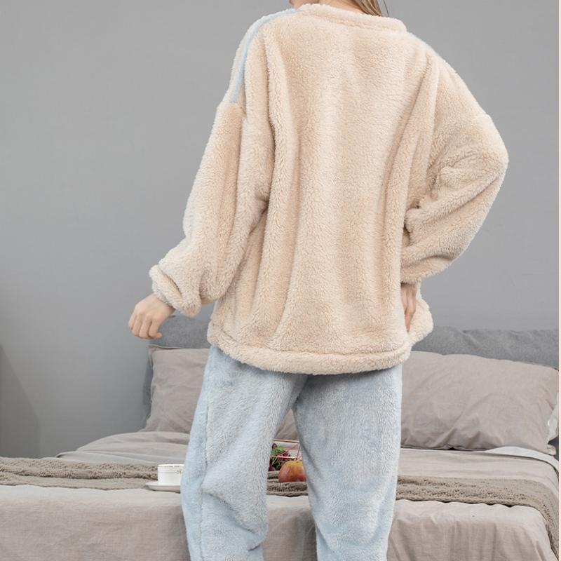 Thicken Coral Fleece Pajamas Set Women Winter Warm Vintage Casual Kawaii Sweet Girl Suit Homewear Plus Size Two-piece Suit Chic