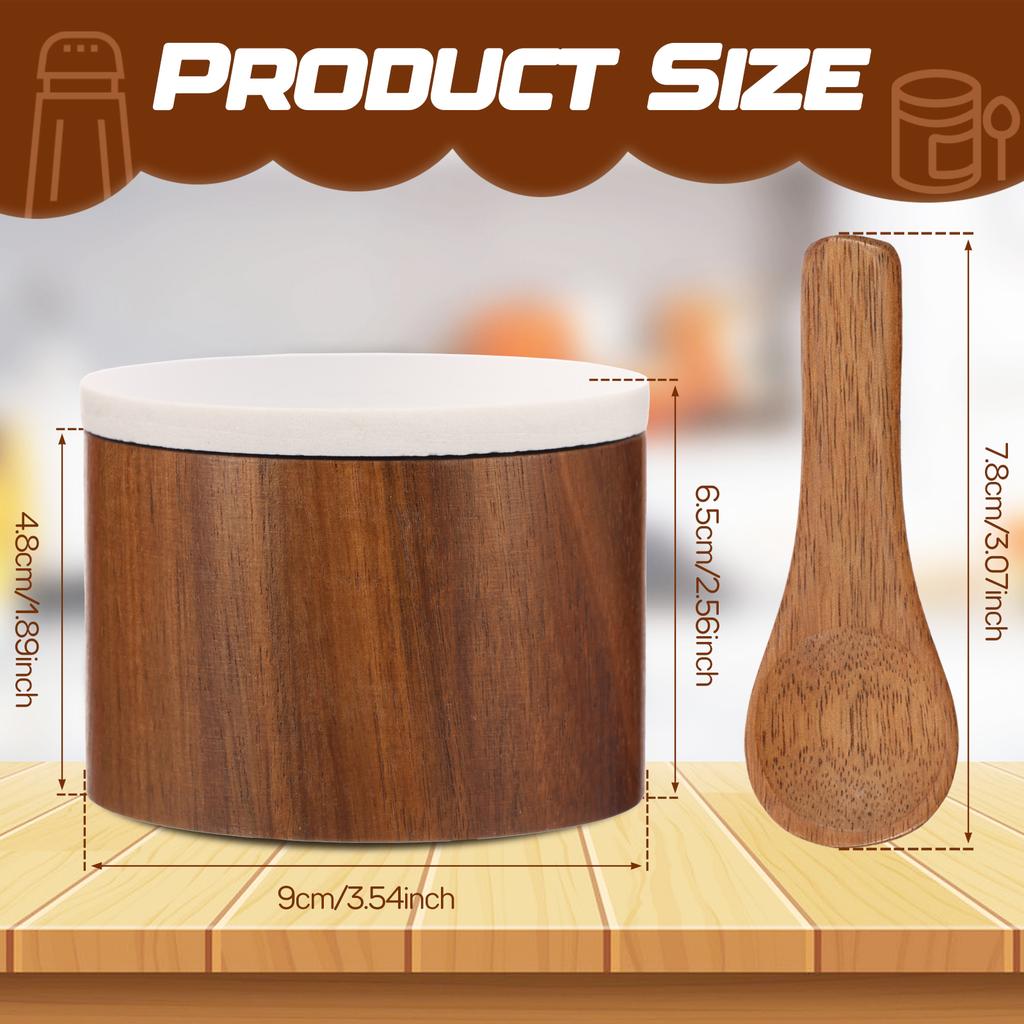 2 Pcs Salt Cellar Box with Lid and Spoon Wood and Stone Salt or Pepper Sugar Spice Seasoning Bowl Container Jar Holder Well Keep