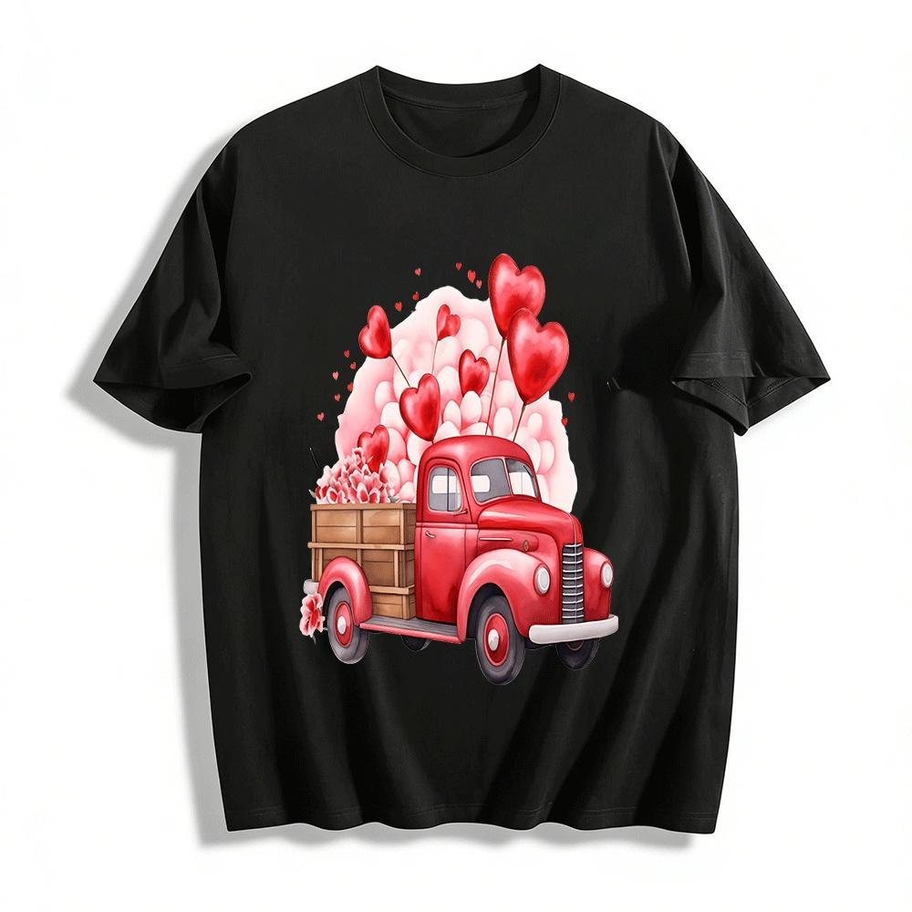 

Valentine s Day Retro Red Heart Truck Print Casual Top Pure cotton T-shirt XXS