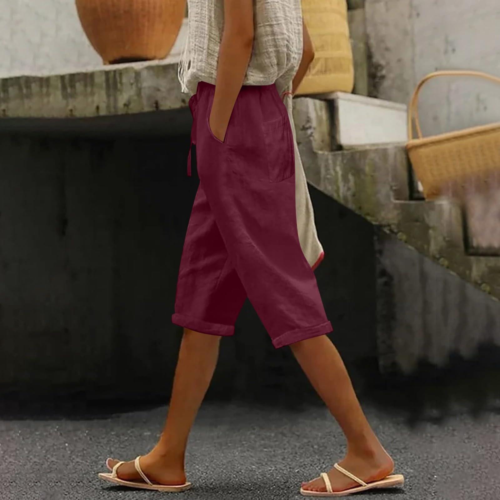 

Жіночі Модні Повсякденні Вільні Однотонні Штани Спереду та Ззаду з Кишенями Штани 7/10 XXL винний