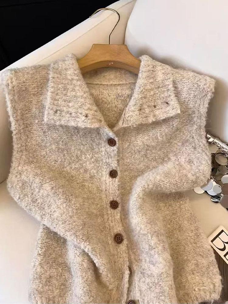 2026 Korean Style Stand Collar Fluffy Wool Vest - Autumn/Winter Sleeveless Loose Cardigan Sweater