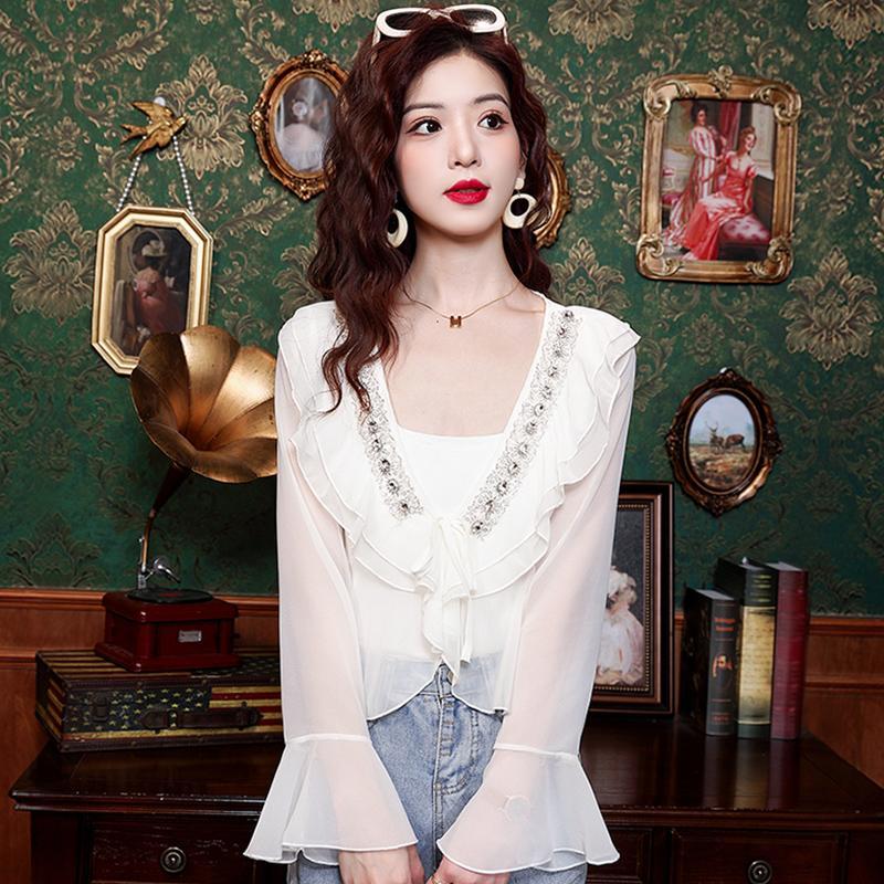 

Французская шифоновая рубашка с бисером и пайетками для защиты от солнца для женщин, новый короткий кардиган премиум-класса с оборками XXL белый