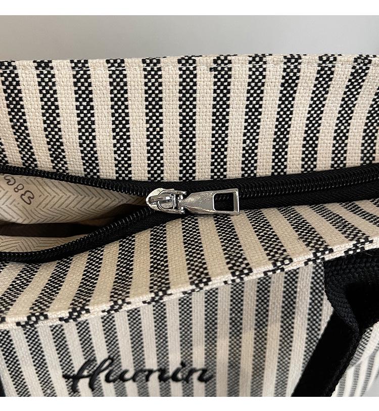 Bolsa de Ombro de Lona Listrada de Grande Capacidade para Mulheres - Tote Versátil para Estudantes e Pendulares
