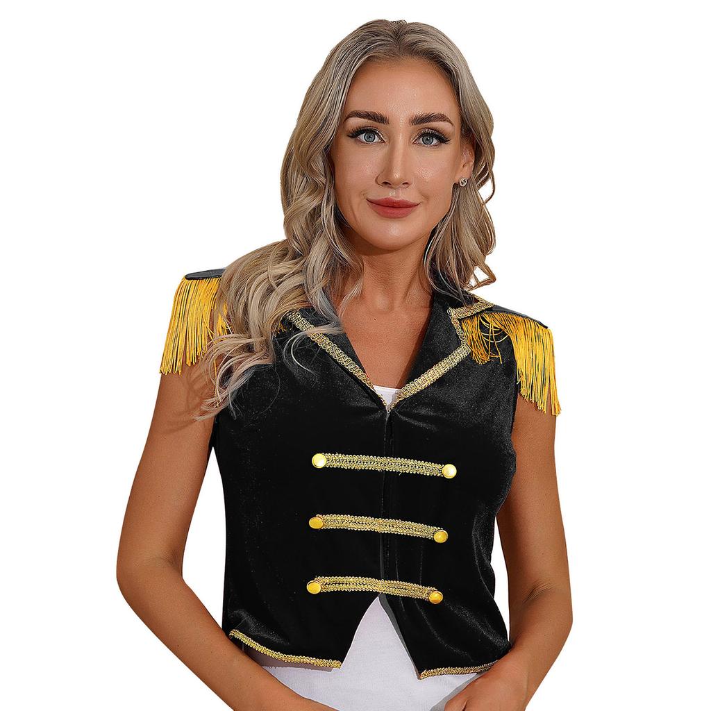 Womens Circus Ringmaster Vest Lapel Sleeveless Tassels Velvet Waistcoat Irregular Hem Button Design Cosplay Costume
