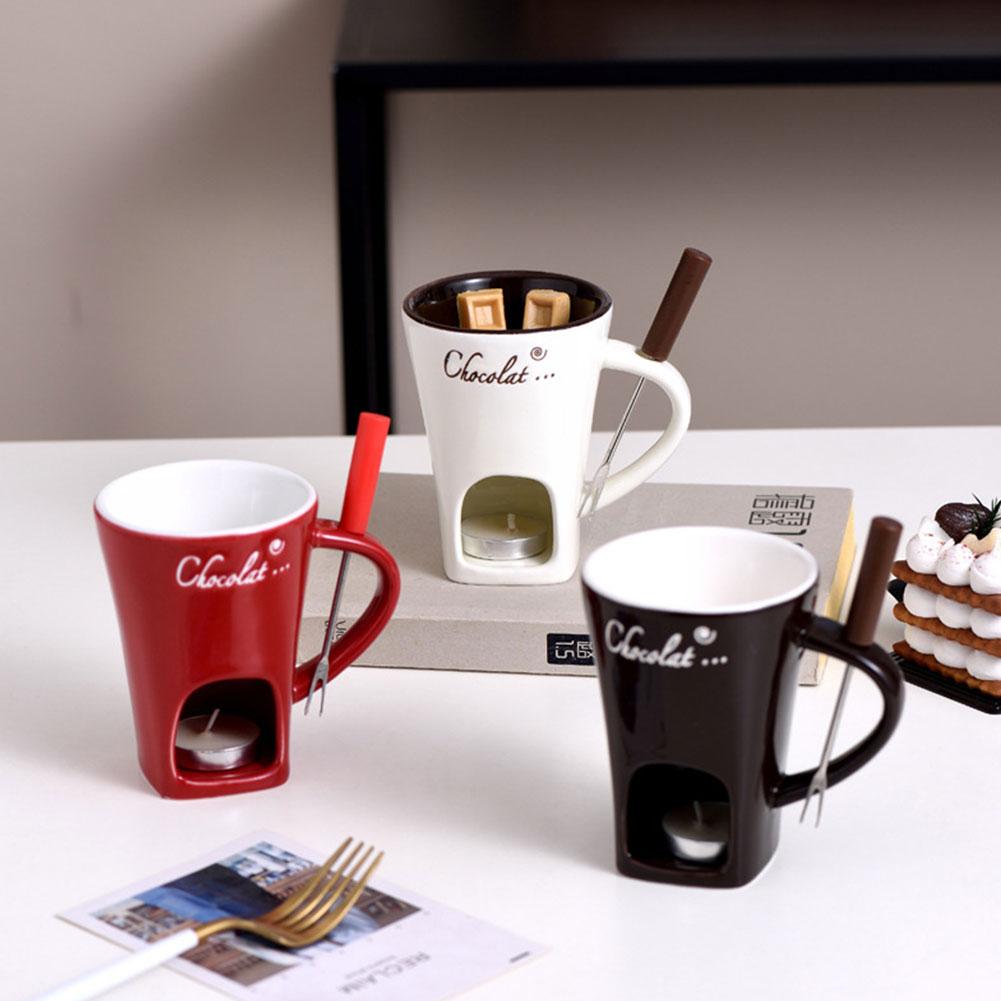 Sweet Fondue Cup with Fork Heating Food Ceramic Mug Creative Coffee Mug Gifts for Birthday Wedding and More