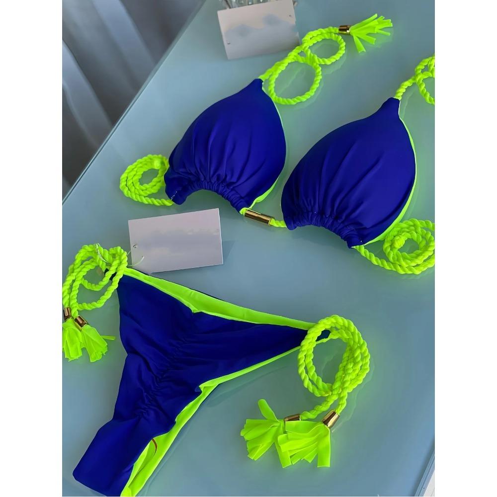 

2025 Сексуальный однотонный раздельный купальник-треугольник Женский купальник Плетеный веревочный комплект бикини Пляжный купальный костюм Бразильские бикини S