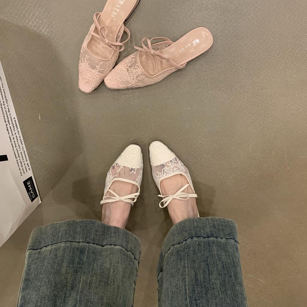 Fashion Mules For Women 2025 Butterfly-Knot Lace Shoes Pointed Toe Shallow Slippers Soft Slides Comfort Cover Heels Butterfly-knot Pumps