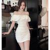 Off-the-Shoulder Slim Waist Bodycon Dress with Ruffles - Women's Summer Sexy Short Skirt