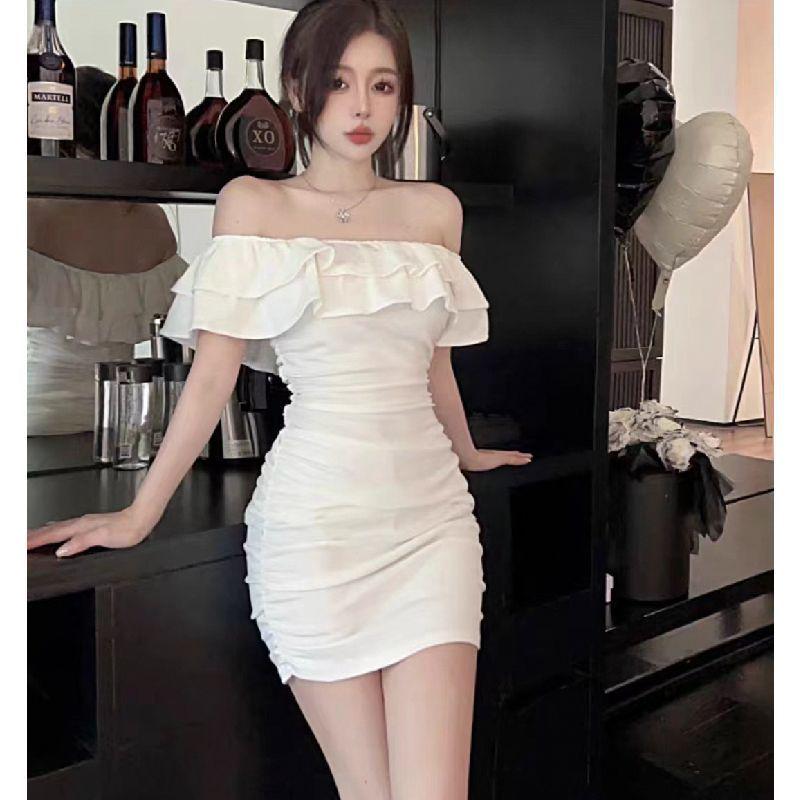 Off-the-Shoulder Slim Waist Bodycon Dress with Ruffles - Women's Summer Sexy Short Skirt