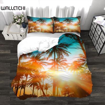 Palm Leaves Duvet Cover Set Full Size Hawaiian Tropical Palm Tree Nature Scene Comforter Cover Sunset Dusk King Size Bedding Set