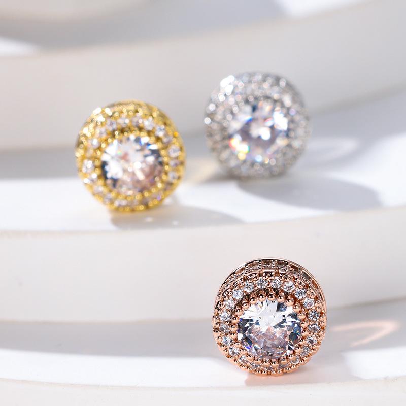 New Hong Kong Style Full Diamond Round Stud Earrings for Women - European & American High-End Hollow Design, Innovative and Stylish Jewelry