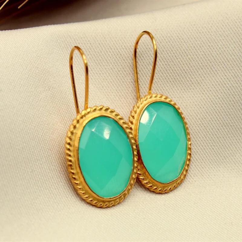 Exquisite Gold Color Round Green Stone Carving Dangle Earrings for Women Jewelry