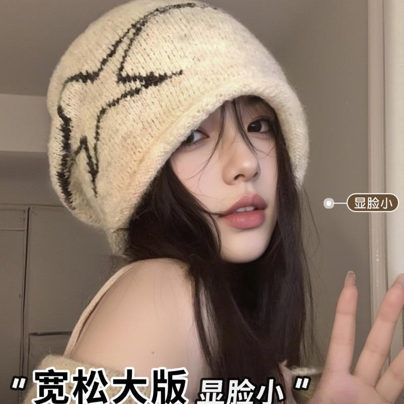 Pile hat women's retro knitted bag hat new big head circumference confinement hat autumn and winter ear protection cold hat
