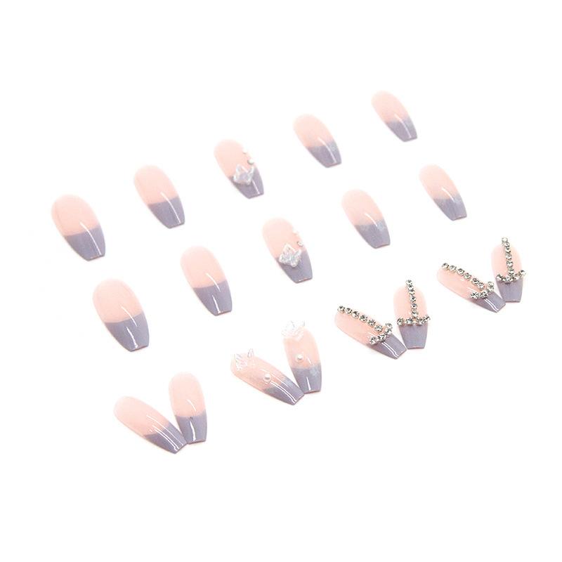 Artificial Nails Taro Milk Wear Nails Blue French Crystal Butterfly with Diamonds Ice Transparent Nail Art Long False Nails