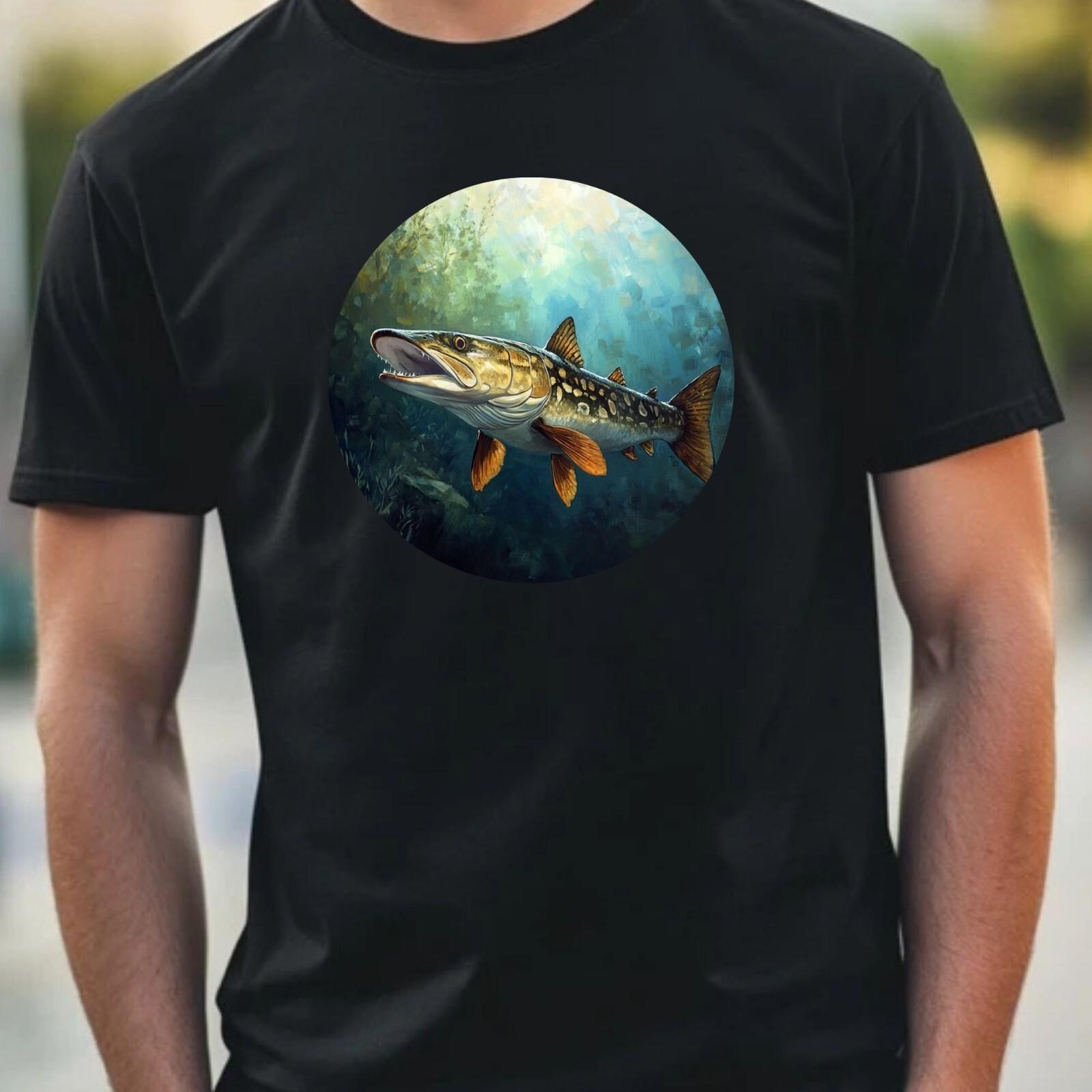 Mens Pike Fish Portrait Motif Cotton T-Shirt Size XS to 5XL- XL
