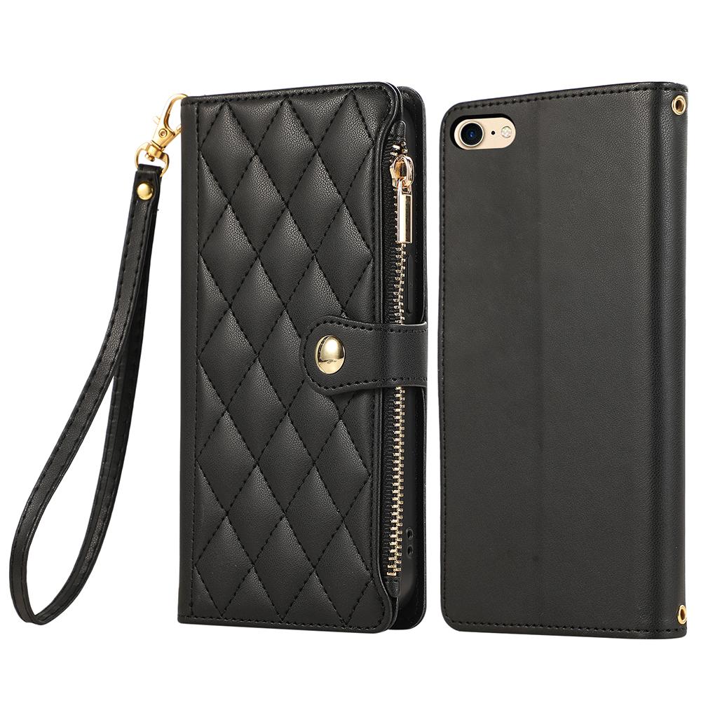 

For iPhone 16e Case Multi Card Slots Zipper Rhombus Leather Phone Cover with Wrist Strap Black