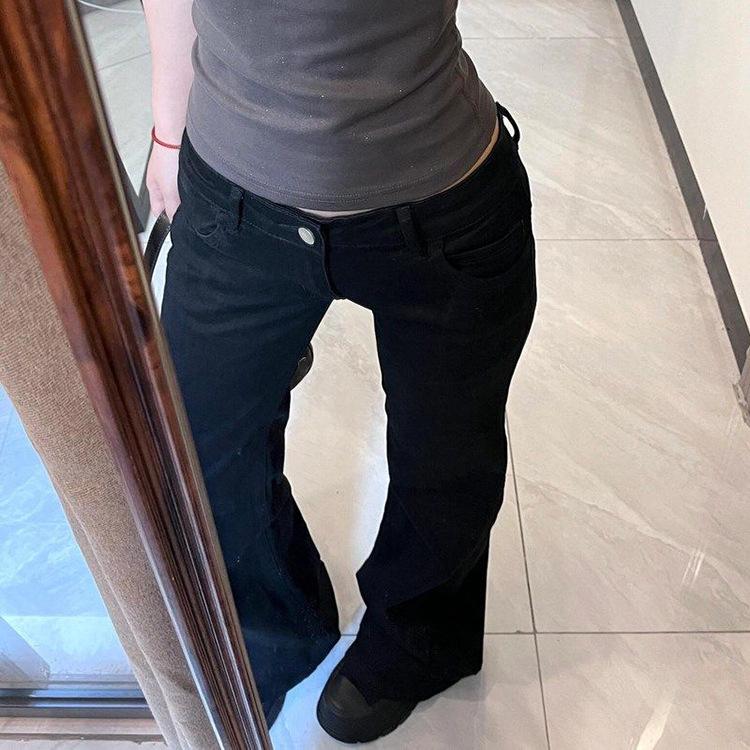 High Elastic Low Waist Black Flare Jeans for Women - Retro Slimming Long Pants