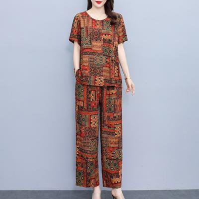 Plus Size Zestawy spodni z szeroką nogawką i wysokim stanem dla kobiet Elegancki, swobodny, luźny zestaw z nadrukiem w stylu vintage Kobieta 2 sztuki