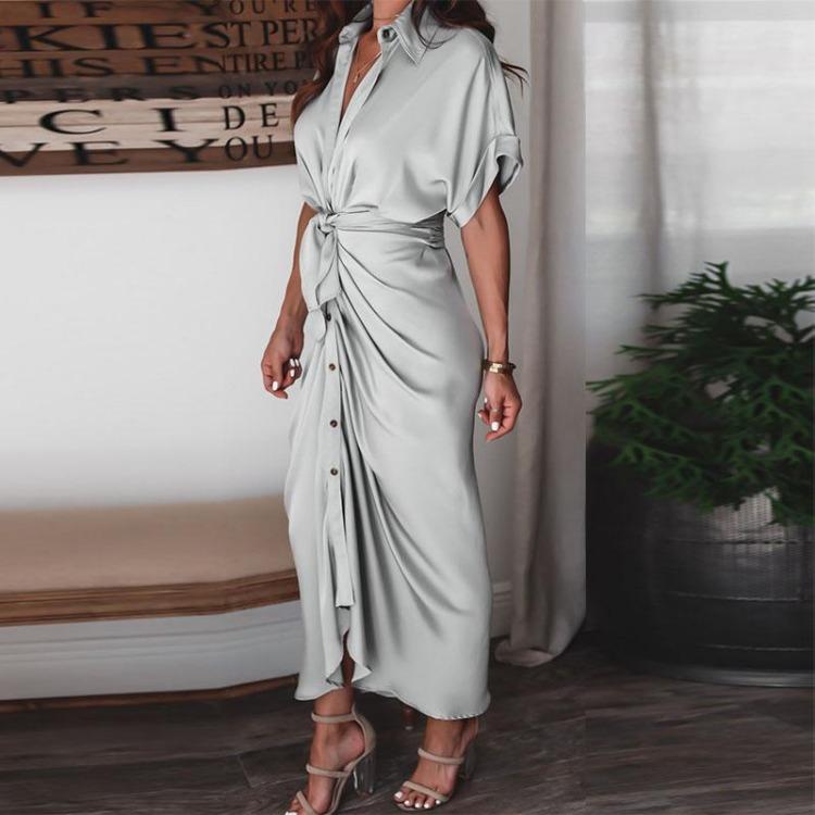 Fashion Women Elegant Turn Down Collar Shirt Dress Summer Short Sleeve with Slit Party Office Ladies Dresses