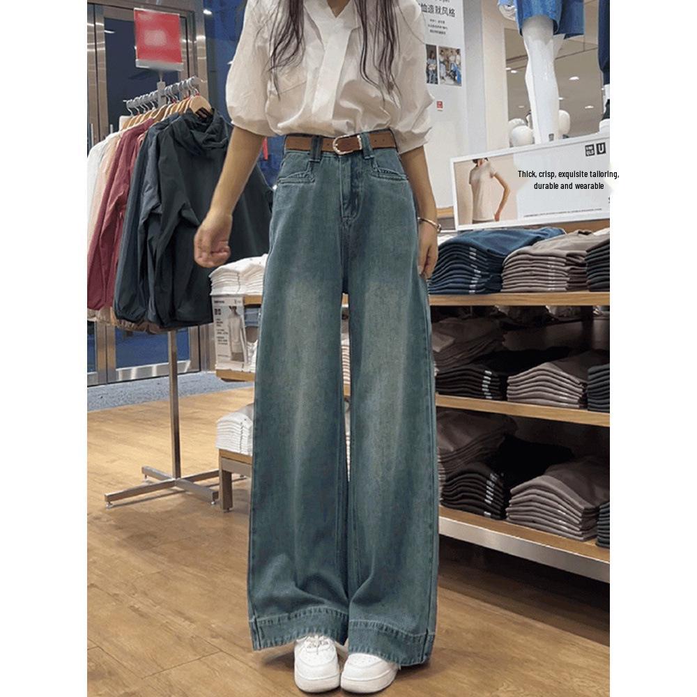 Women's High-Waisted Wide-Leg Denim Pants, Autumn/Winter 2024 Collection - Slim, Loose, Draped, Straight-Leg Design for Small Sizes.