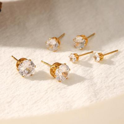 European & American Zircon Earrings Set: Luxurious 18K Gold-Plated Stainless Steel Studs, Simple Titanium Style.