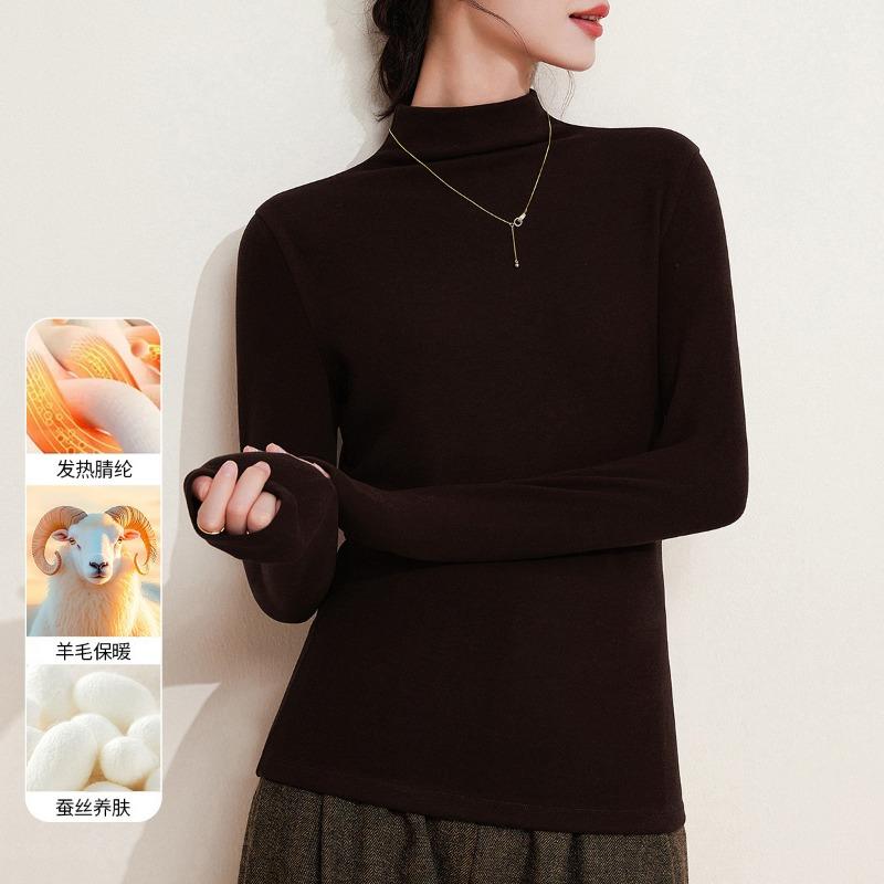 Wool silk velvet semi-turtleneck bottoming shirt autumn clothes women's thickened warm inner middle collar top women's winter