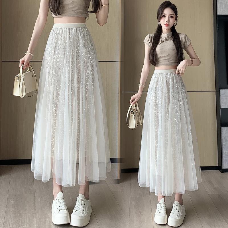 

2024 Женская плиссированная миди-юбка из сетки с высокой талией - Весенне-летняя приталенная юбка из тюля Extra Large абрикосовый