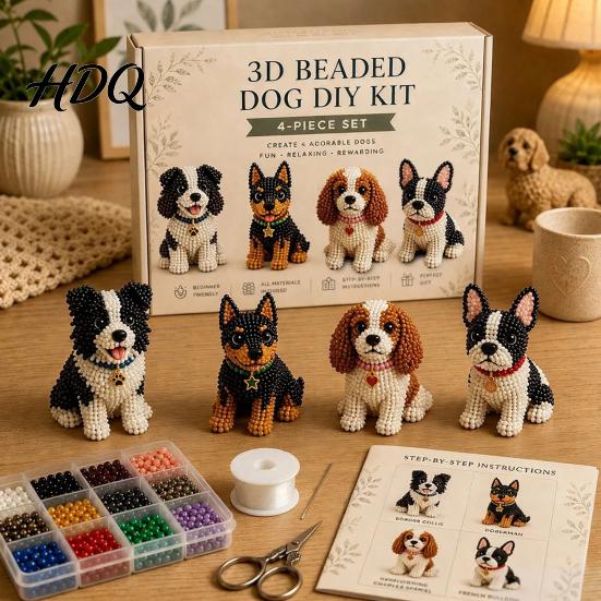 Mini Dog Collectible Set Tiny 3D Beaded Animal DIY Kit with Instructions Easy Beading Office Decoration Crafts 4 Cute Designs Themed Beadwork