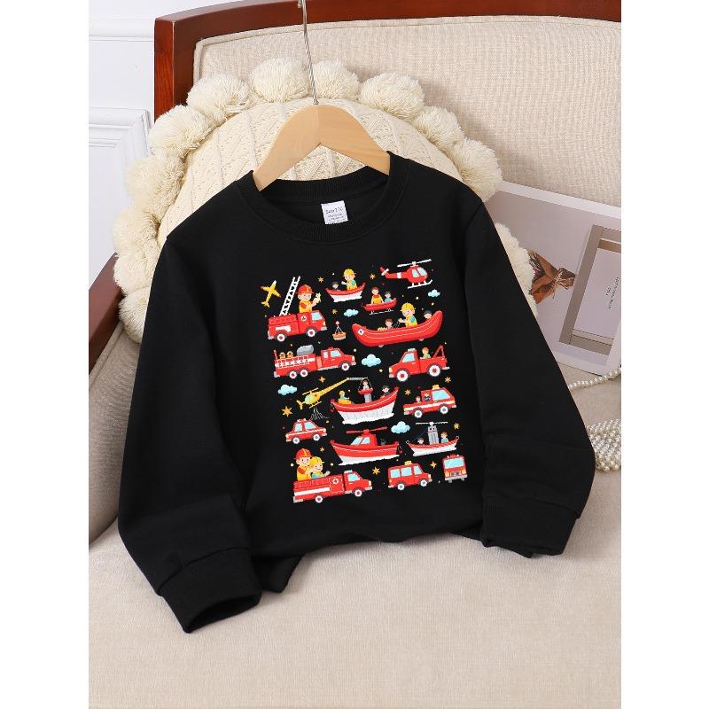 Kids Sweatshirt,Fire Truck Boat Helicopter Rescue Emergency Vehicle Star Crew Neck Fashion Sweatshirt, Autumn and Winter Top
