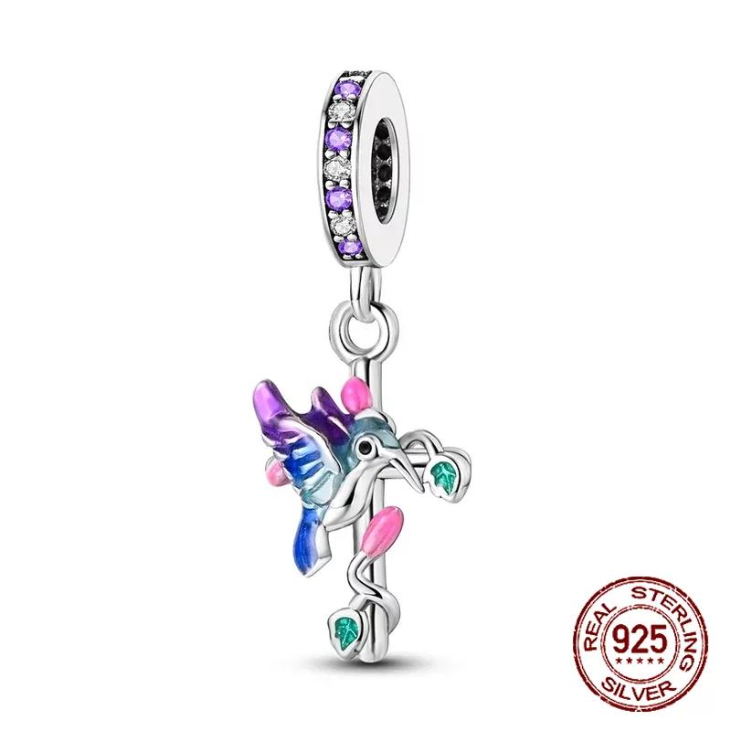 925 Sterling Silber Lila Perlen Blume Schmetterling Hänge Charm Passend 4MM Lochdurchmesser Armband Halskette 925 Schmuck Geschenkherstellung
