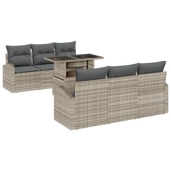 Ensemble de Canapés de Jardin 7 Pièces avec Coussins Gris Clair Poly Rattan, Canapé de Jardin 2 Places avec Rangement 3357305