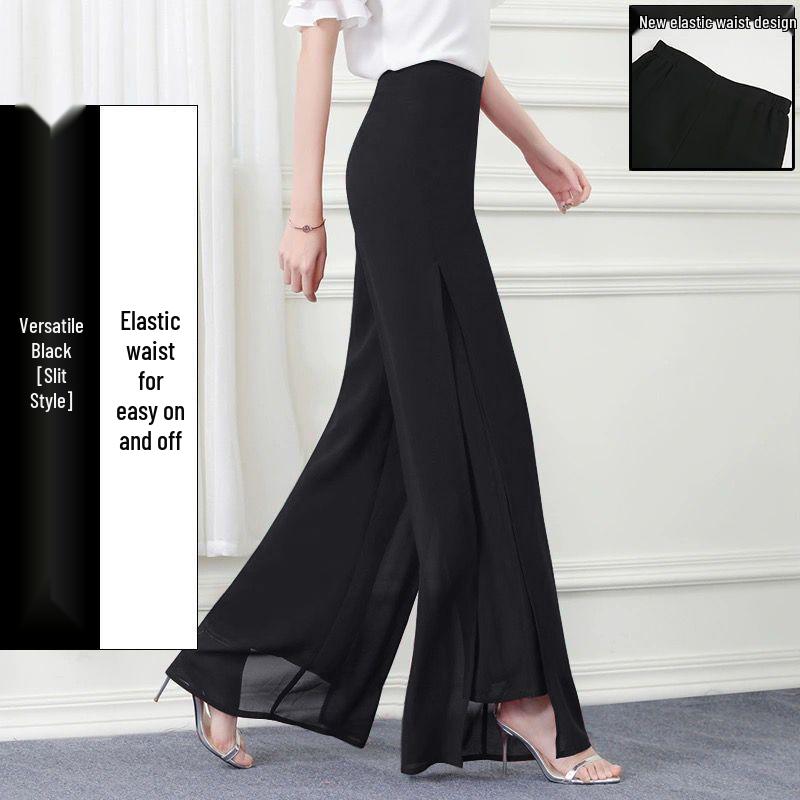

Chiffon Wide-Leg Slit Pants with Elastic Waist for Spring-Summer Dancing. M for 80-95 jin