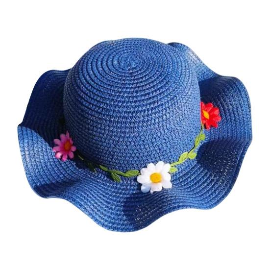 

Children Sun Hat Wide Brim UV Protection Straw Hat with 3D Flowers Decor Lightweight Foldable Summer Beach Cap