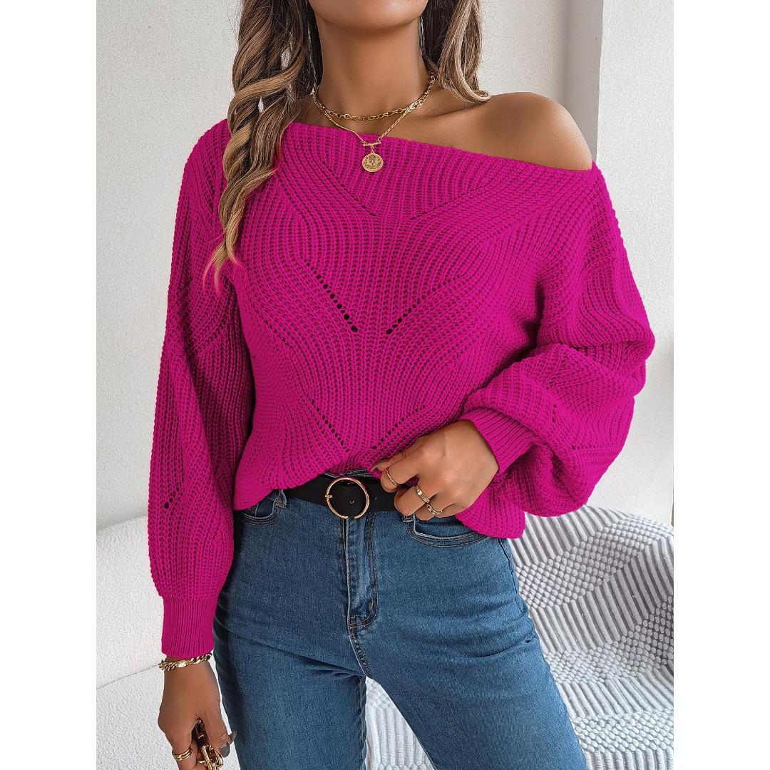 

Autumn and Winter Casual Hollow-out One-shoulder Off-the-shoulder Lantern Sleeve Women’s Sweater S рожевий червоний колір