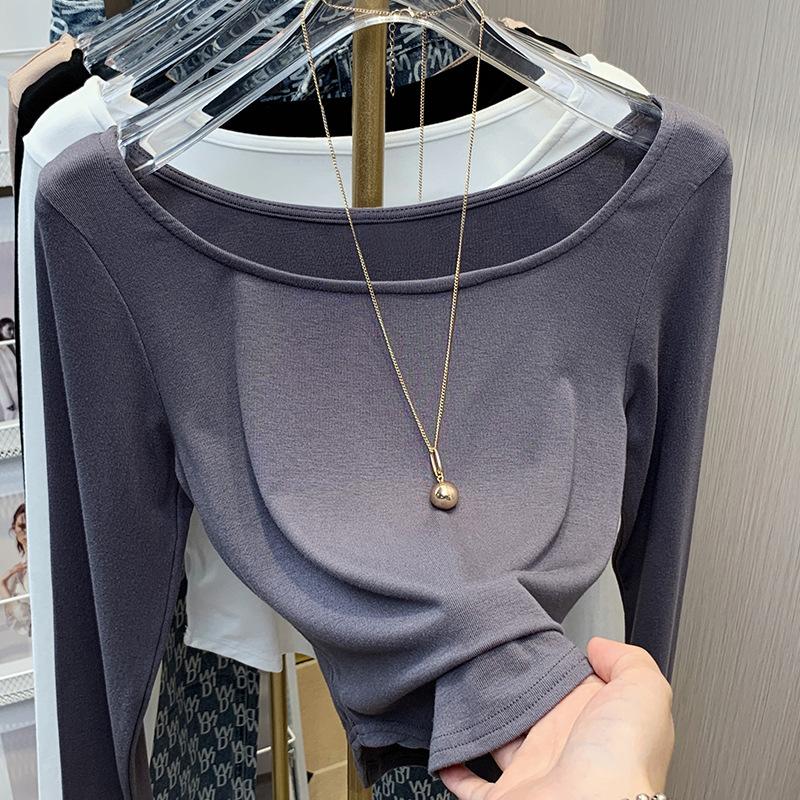 

Gray U-neck Base Top for Women In Spring and Summer Versatile Long-sleeved T-shirt Updated Style Slim Fit Simple Top XL сірий