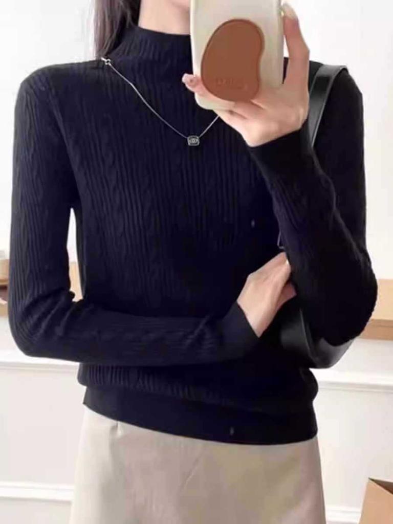 Autumn and winter new fashion versatile semi-turtleneck long-sleeved knitted sweater women's slim and thin sweater top niche bottoming shirt