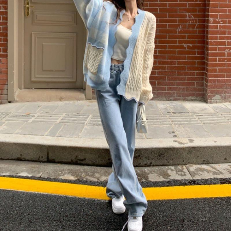 Spring and Autumn new loose niche super fairy contrasting color long-sleeved top lazy wind contrasting color plaid knitted cardigan women