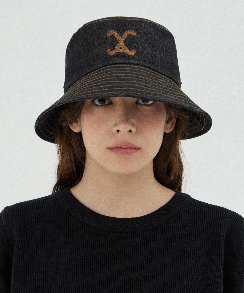 Bajal Va Curved Denim Stitch Detail Bucket Hat Black